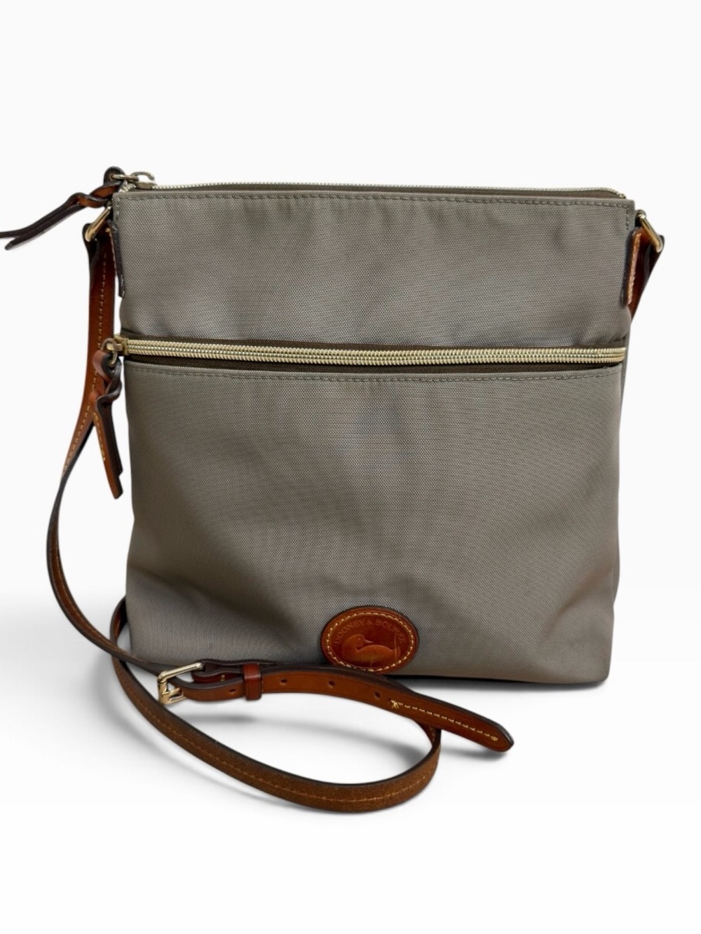 Dooney & Bourke Gray Nylon Crossbody Bag Brown Leather Trim Front Zip Pocket